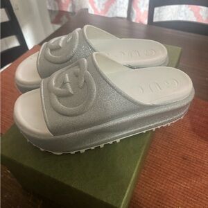 Gucci Women’s Glittery Silver Slide Sandals
